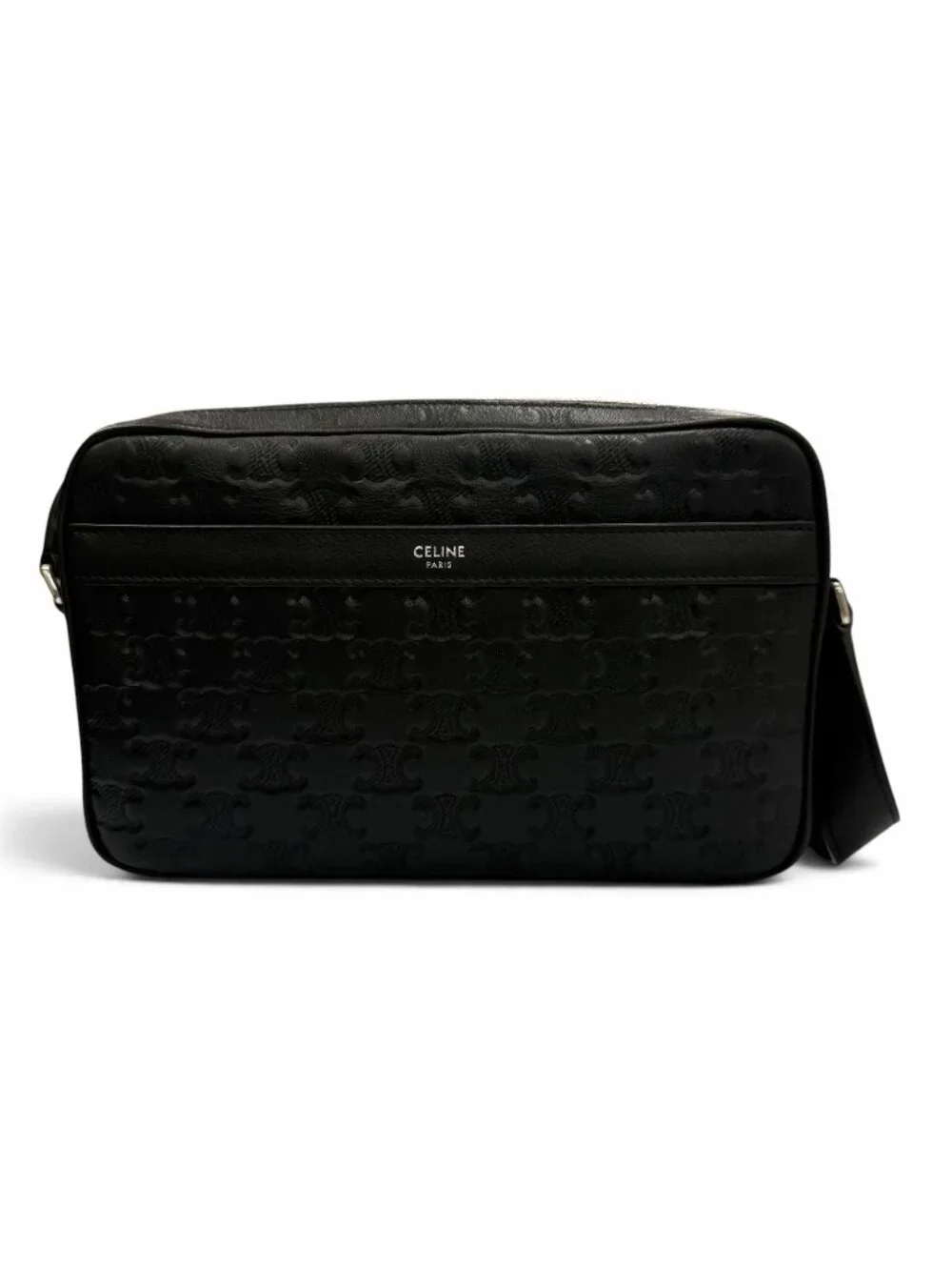 Celine Leather Triomphe Medium Messenger Shoulder Bag Black Silver